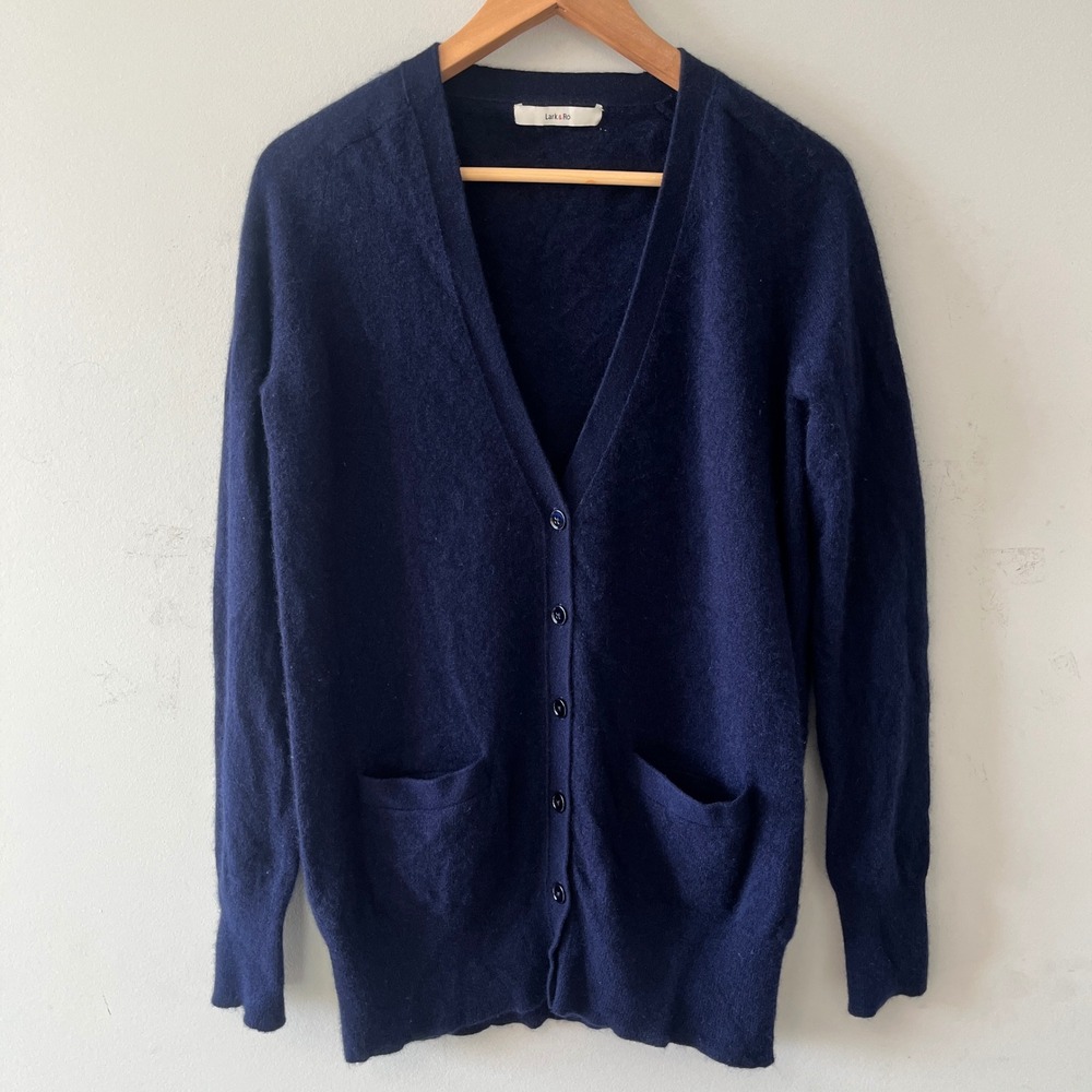 Lark & Ro Cashmere V-Neck Cardigan Sweater Navy Blue L 100% Cashmere Pockets